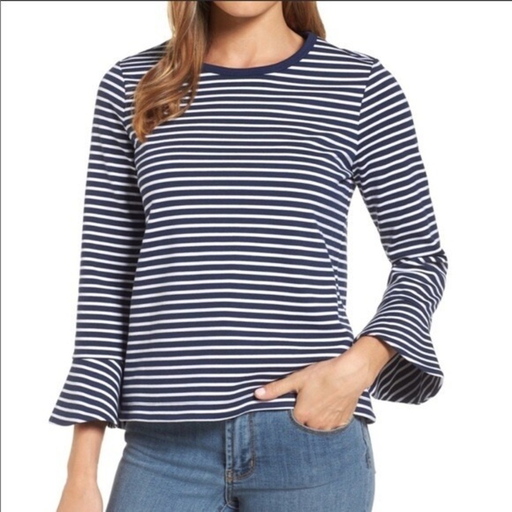 Draper James Striped Flare Sleeve Blouse Navy Blue Coastal Nautical Top XL